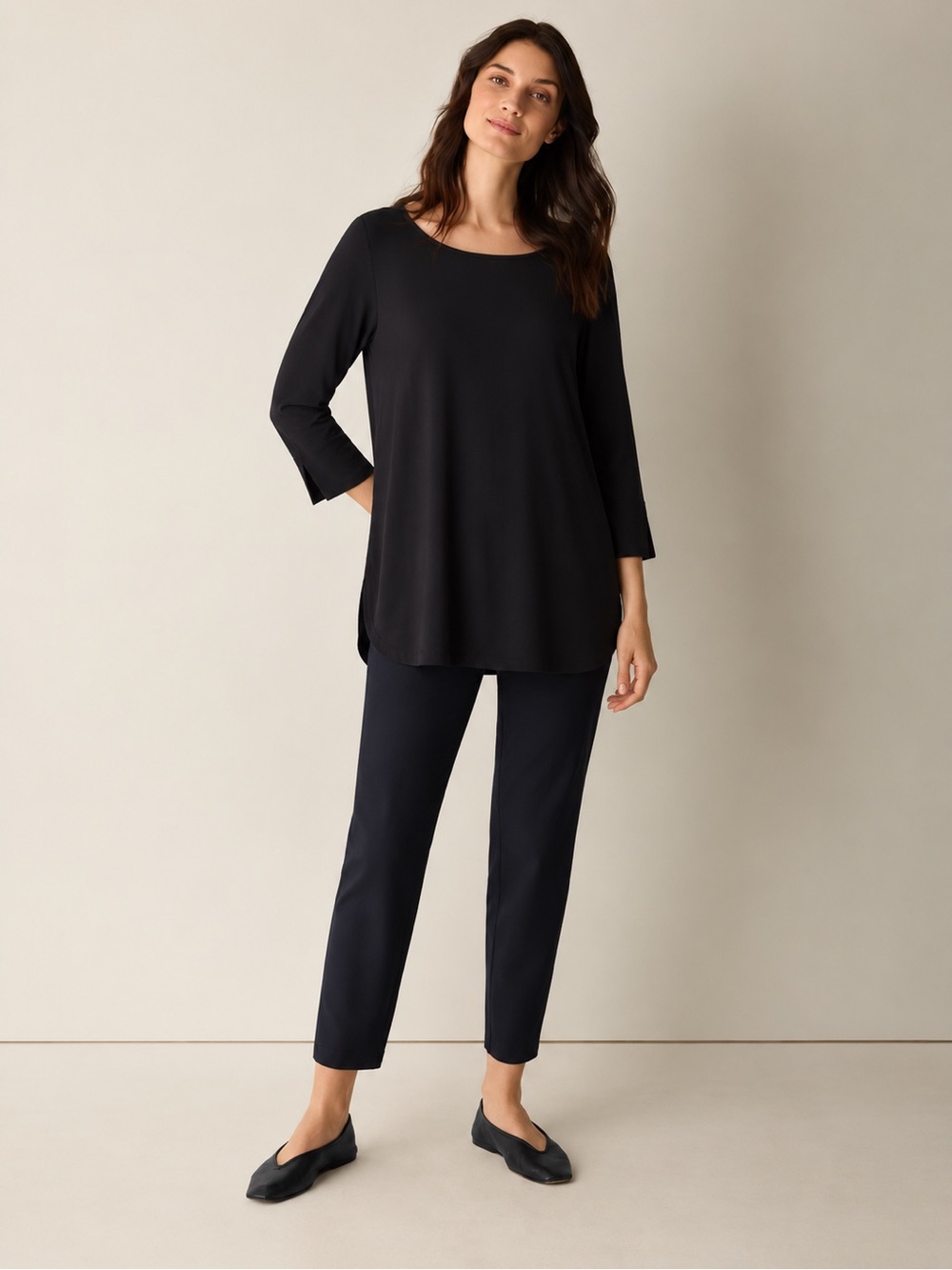 Eileen Fisher Round Neck Tunic Rounded Hem Stretch Crepe Black Size XL *630